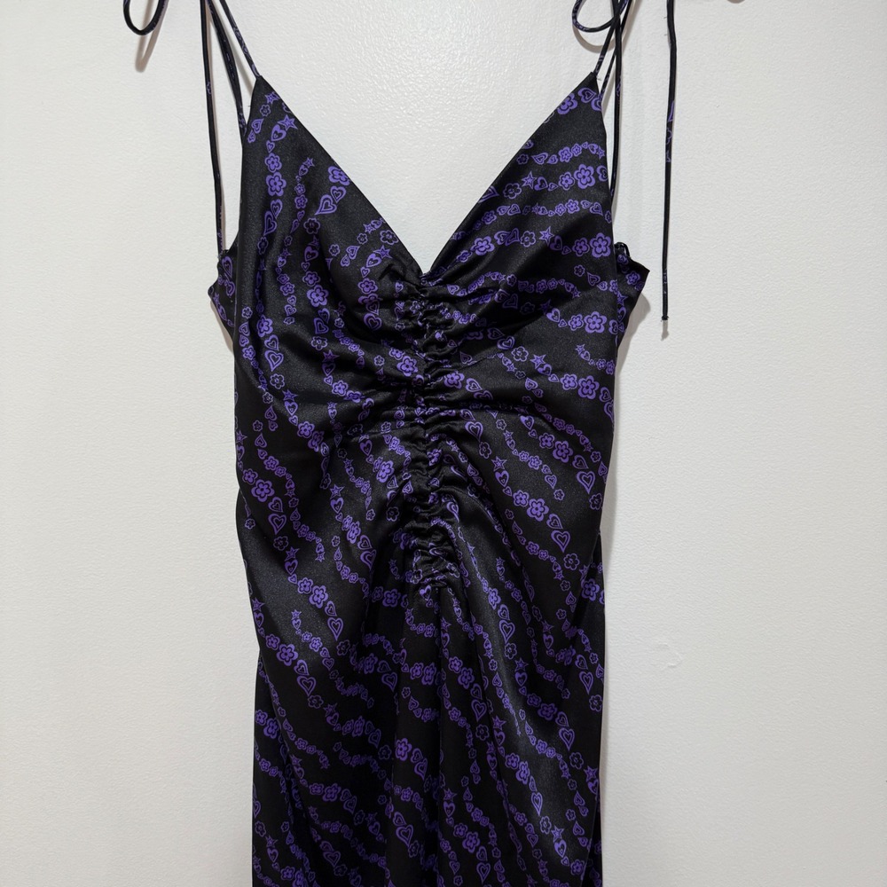 SANDRO Thais Ruched Crossback A-Line Midi Dress Noir Violet Heart Print 36 US 4 - Picture 8 of 14